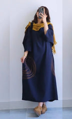 Premium Women's Linen Maxi Dress with Round Embroidery Relaxed Fit