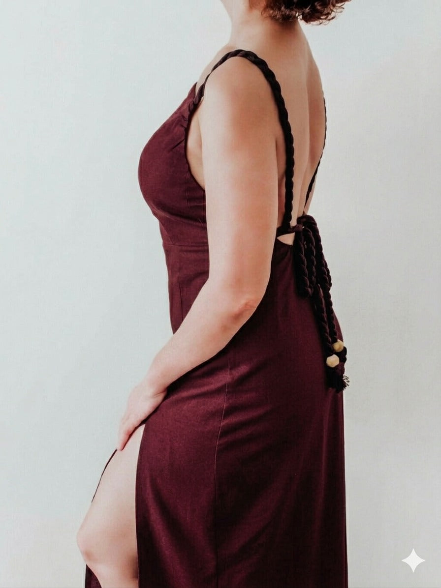 LUNA BACKLESS LINEN MAXI DRESS - DEEP RED