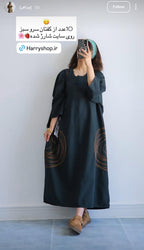 Premium Women's Linen Maxi Dress with Round Embroidery Relaxed Fit