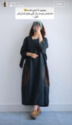 Premium Women's Linen Maxi Dress with Round Embroidery Relaxed Fit
