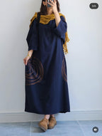 Premium Women's Linen Maxi Dress with Round Embroidery Relaxed Fit