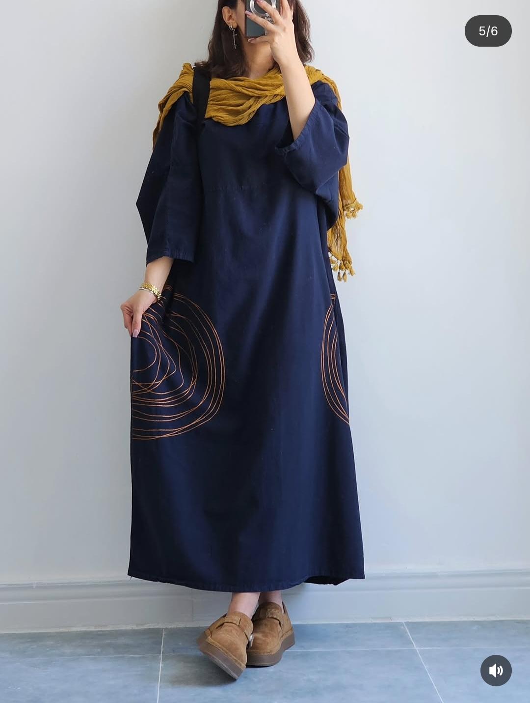 Premium Women's Linen Maxi Dress with Round Embroidery Relaxed Fit