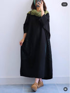 Premium Women's Linen Maxi Dress with Round Embroidery Relaxed Fit