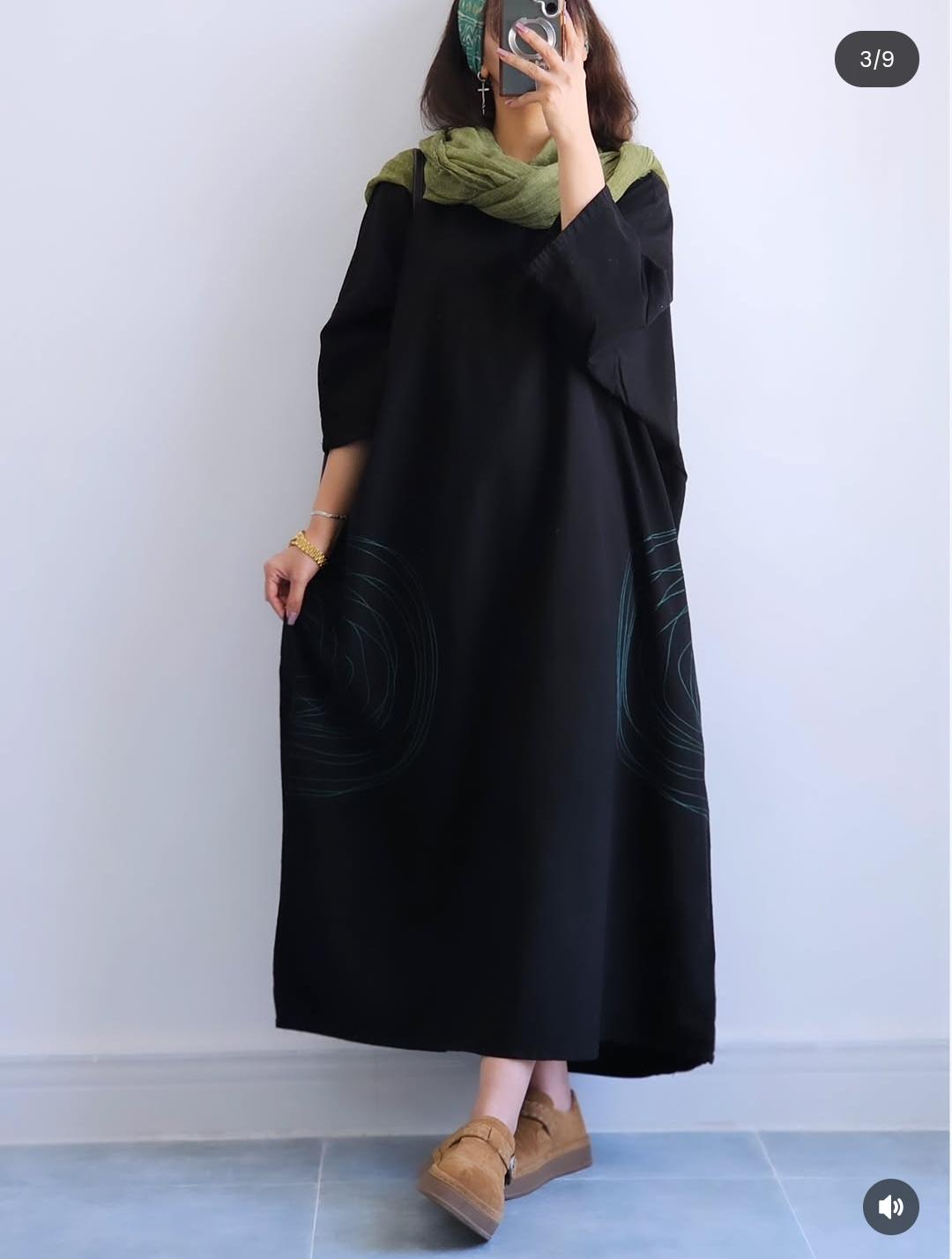 Premium Women's Linen Maxi Dress with Round Embroidery Relaxed Fit