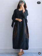 Premium Women's Linen Maxi Dress with Round Embroidery Relaxed Fit