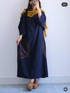 Premium Women's Linen Maxi Dress with Round Embroidery Relaxed Fit