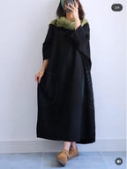 Premium Women's Linen Maxi Dress with Round Embroidery Relaxed Fit