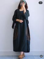 Premium Women's Linen Maxi Dress with Round Embroidery Relaxed Fit