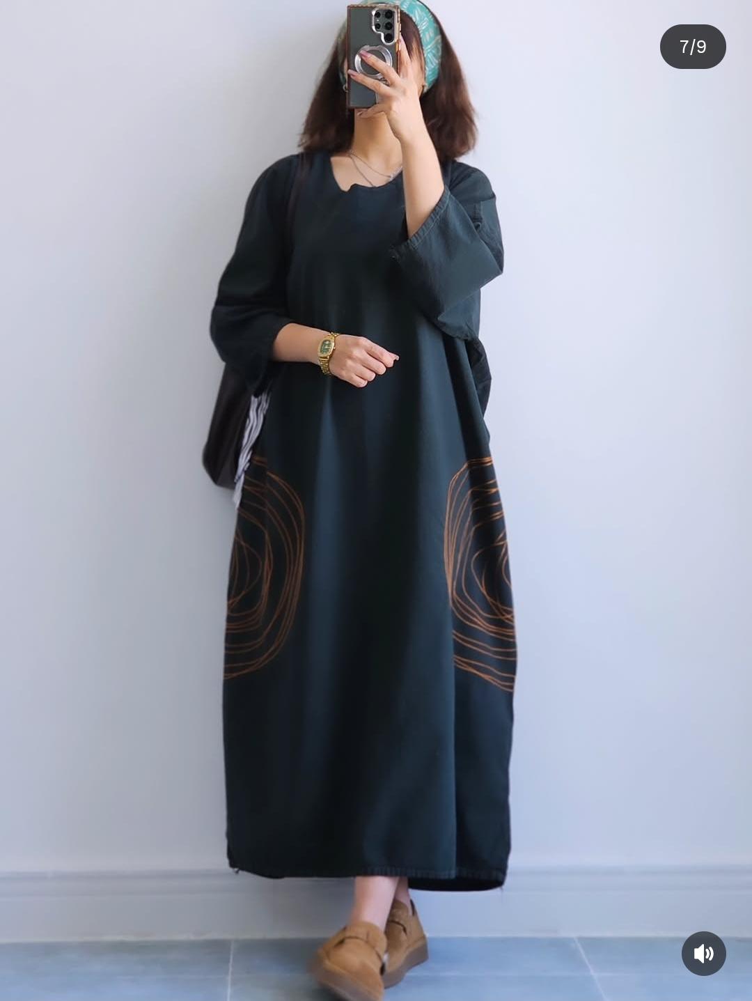 Premium Women's Linen Maxi Dress with Round Embroidery Relaxed Fit