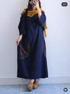 Premium Women's Linen Maxi Dress with Round Embroidery Relaxed Fit