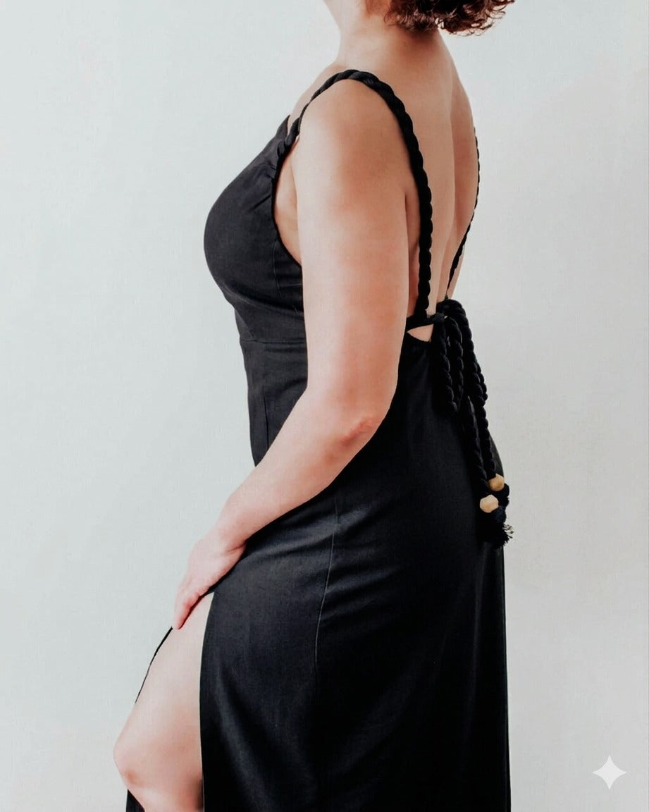 LUNA BACKLESS LINEN MAXI DRESS - BLACK