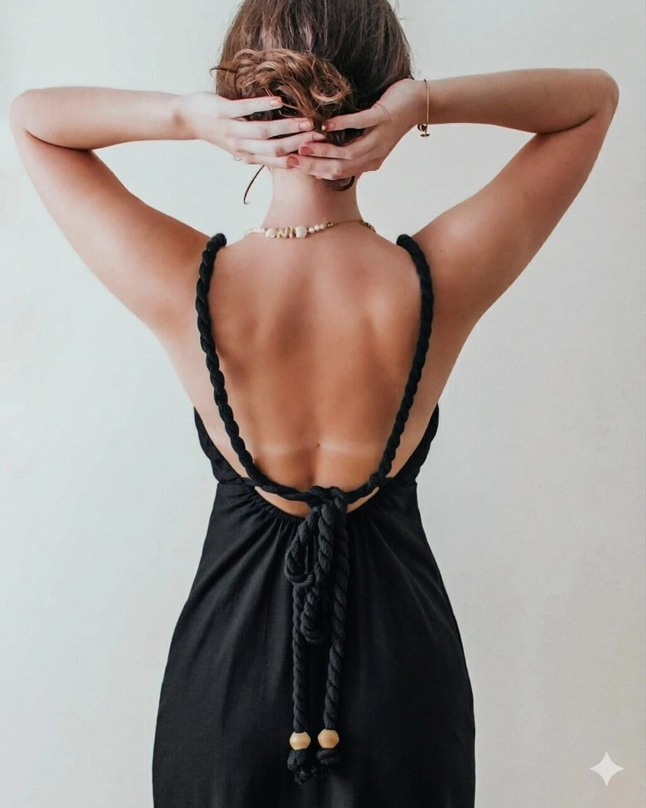 LUNA BACKLESS LINEN MAXI DRESS - BLACK
