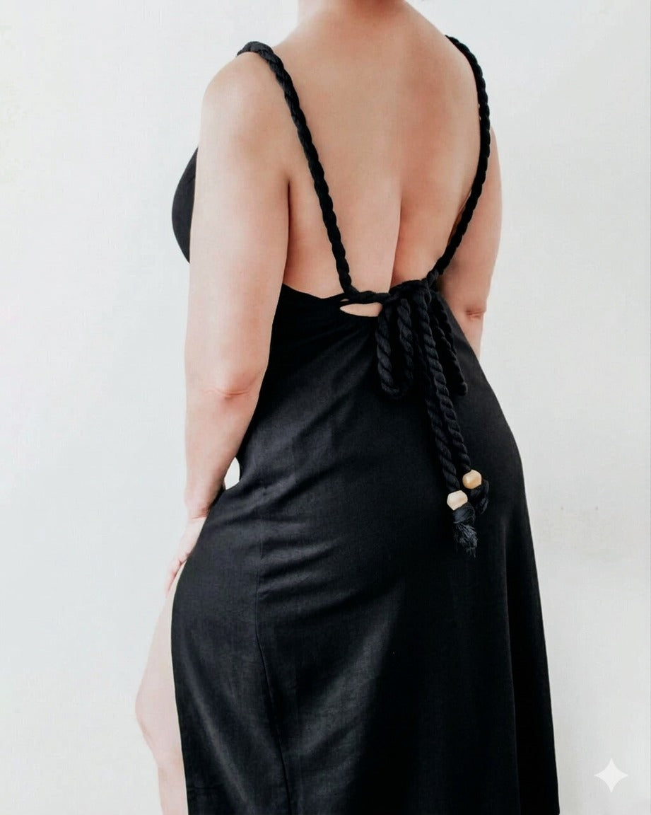 LUNA BACKLESS LINEN MAXI DRESS - BLACK