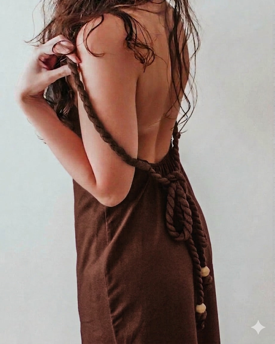 LUNA BACKLESS LINEN MAXI DRESS - MOCHA