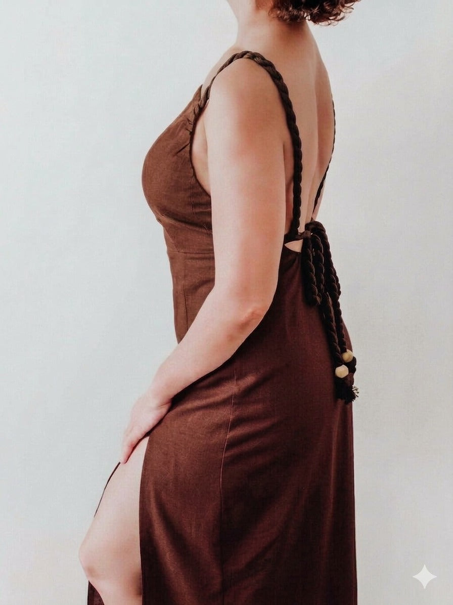 LUNA BACKLESS LINEN MAXI DRESS - MOCHA