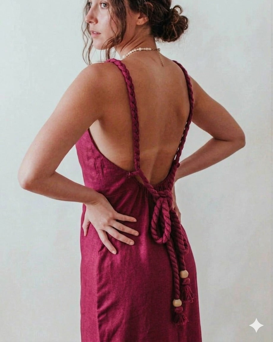 LUNA BACKLESS LINEN MAXI DRESS - DEEP PINK