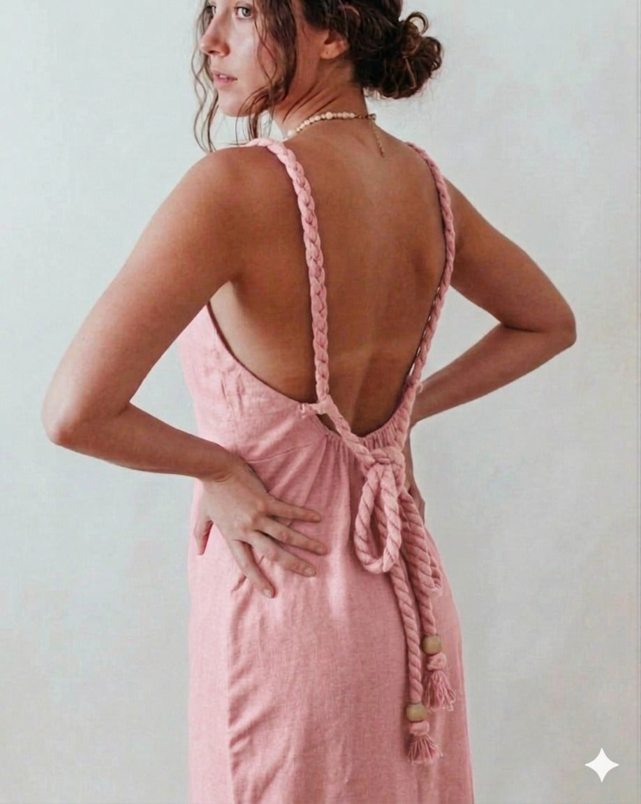 LUNA BACKLESS LINEN MAXI DRESS - BLUSH PINK