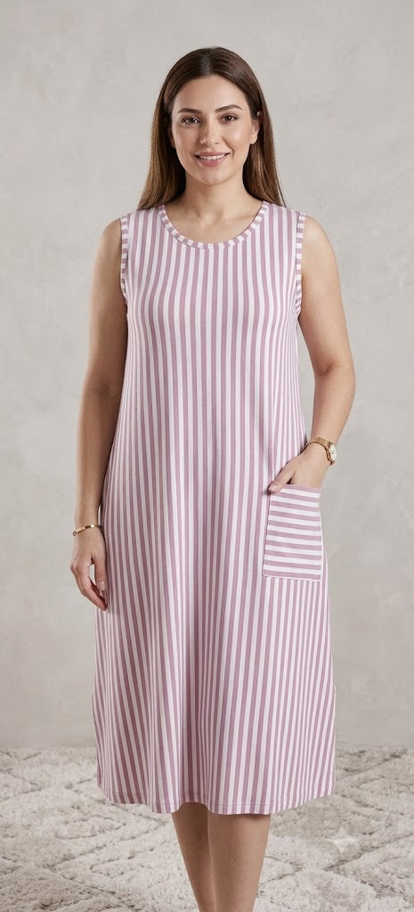 Premium Vertical Stripe Sleeveless Nighty with Pocket