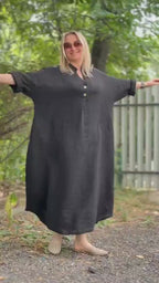 Premium Women's Linen Maxi Dress Relaxed Fit Button Front Long Dress