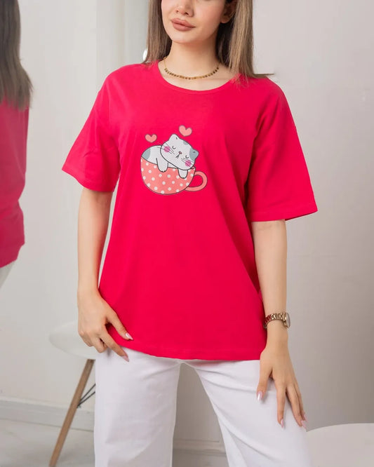 Basket Kitty Printed Drop Shoulder Tees