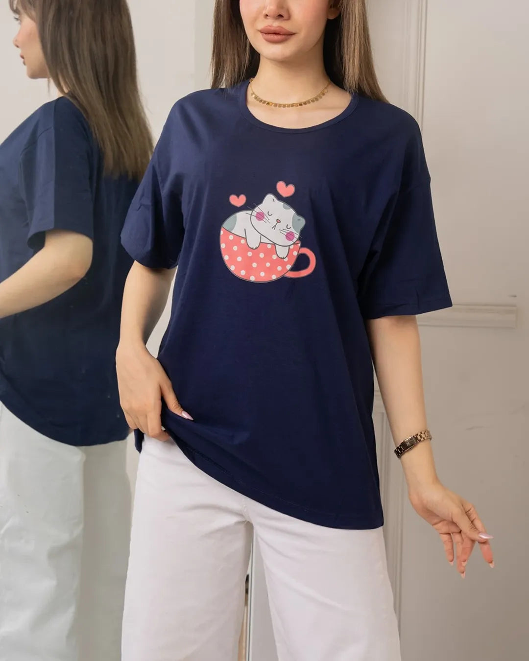 Basket Kitty Printed Drop Shoulder Tees
